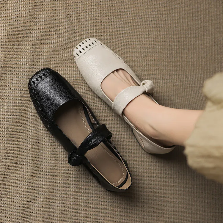 Sheepskin 2cm low heel hollow openwork women's shoes spring and summer square toe single shoes, sizes 34-40 chunky heel 5-26J