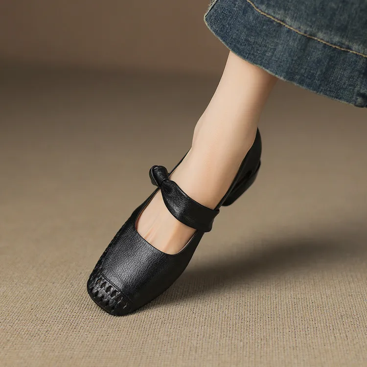 Sheepskin 2cm low heel hollow openwork women's shoes spring and summer square toe single shoes, sizes 34-40 chunky heel 5-26J