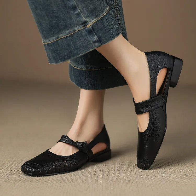 Sheepskin 2cm low heel hollow openwork women's shoes spring and summer square toe single shoes, sizes 34-40 chunky heel 5-26J