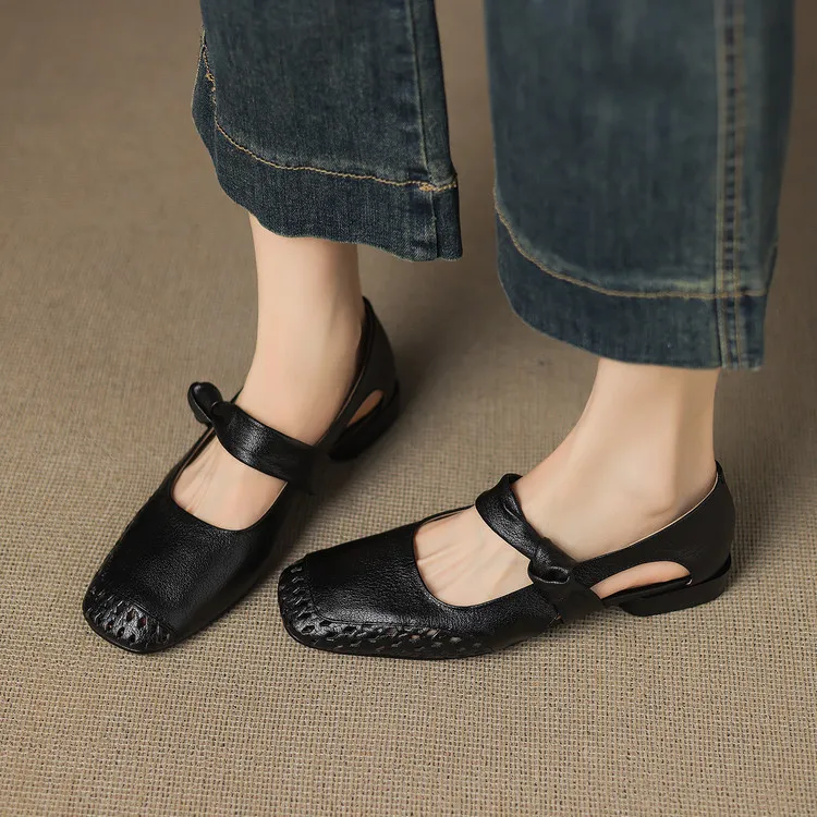 Sheepskin 2cm low heel hollow openwork women's shoes spring and summer square toe single shoes, sizes 34-40 chunky heel 5-26J