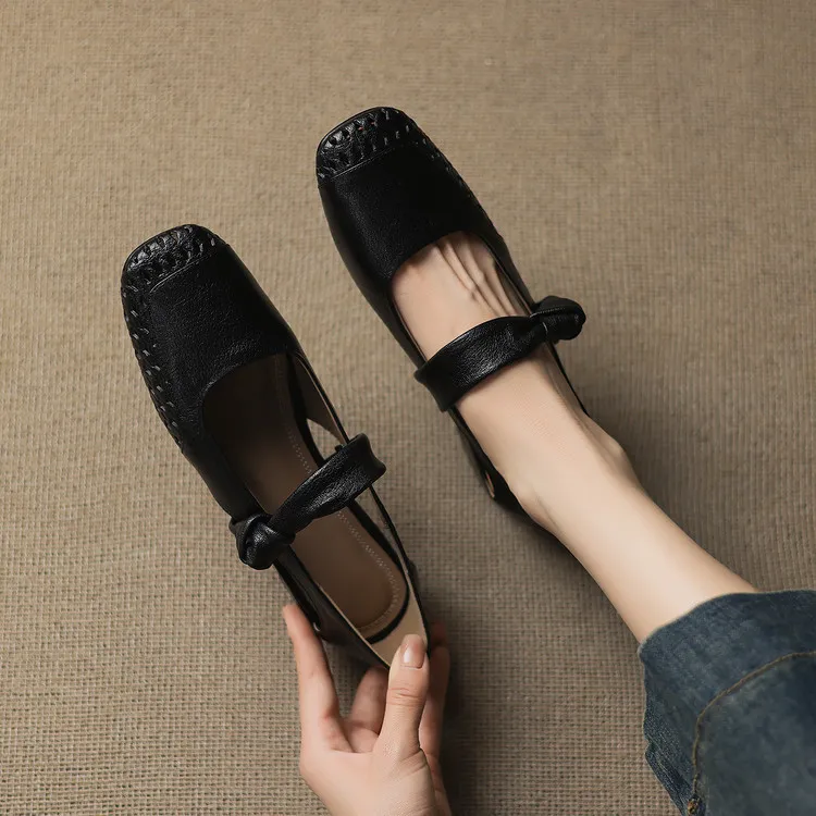 Sheepskin 2cm low heel hollow openwork women's shoes spring and summer square toe single shoes, sizes 34-40 chunky heel 5-26J