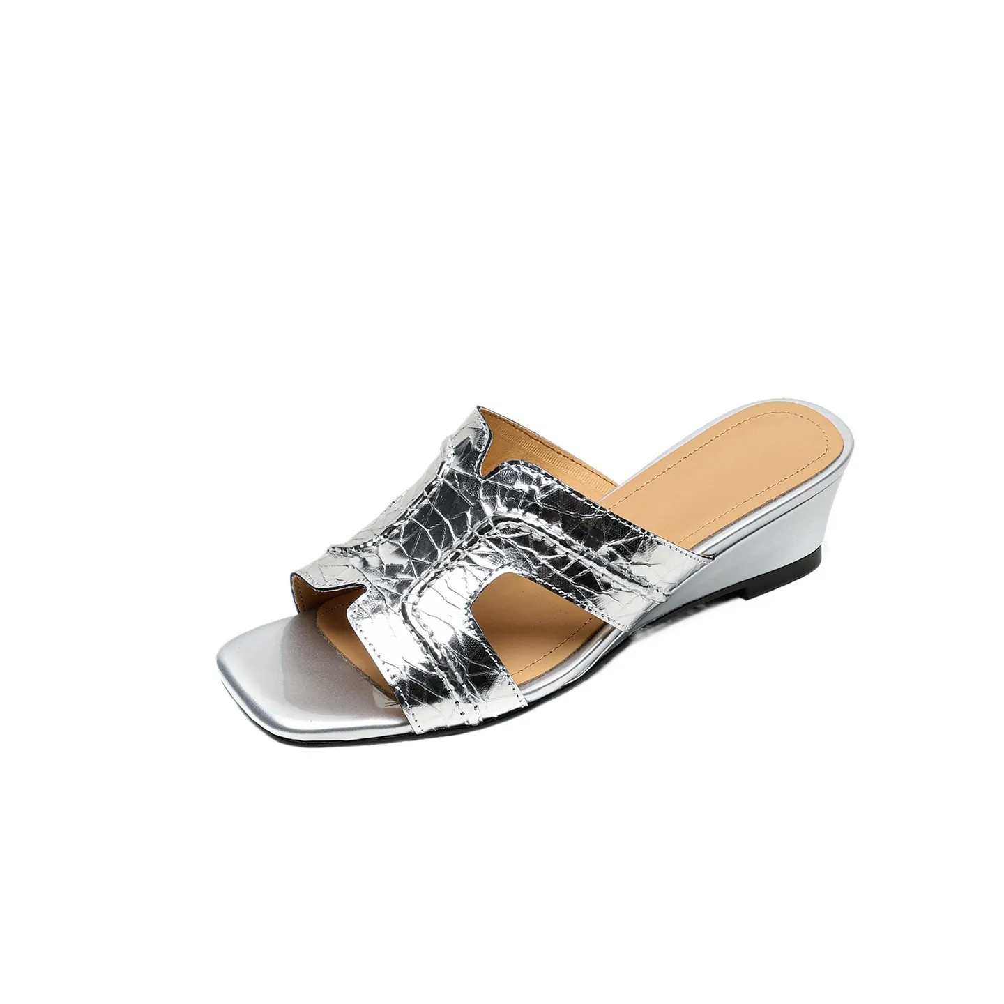 Spring/Summer Square-Toe Chunky Heel Wedge Sandals, Cowhide, Comfortable Women's Shoes for Outdoor Wear