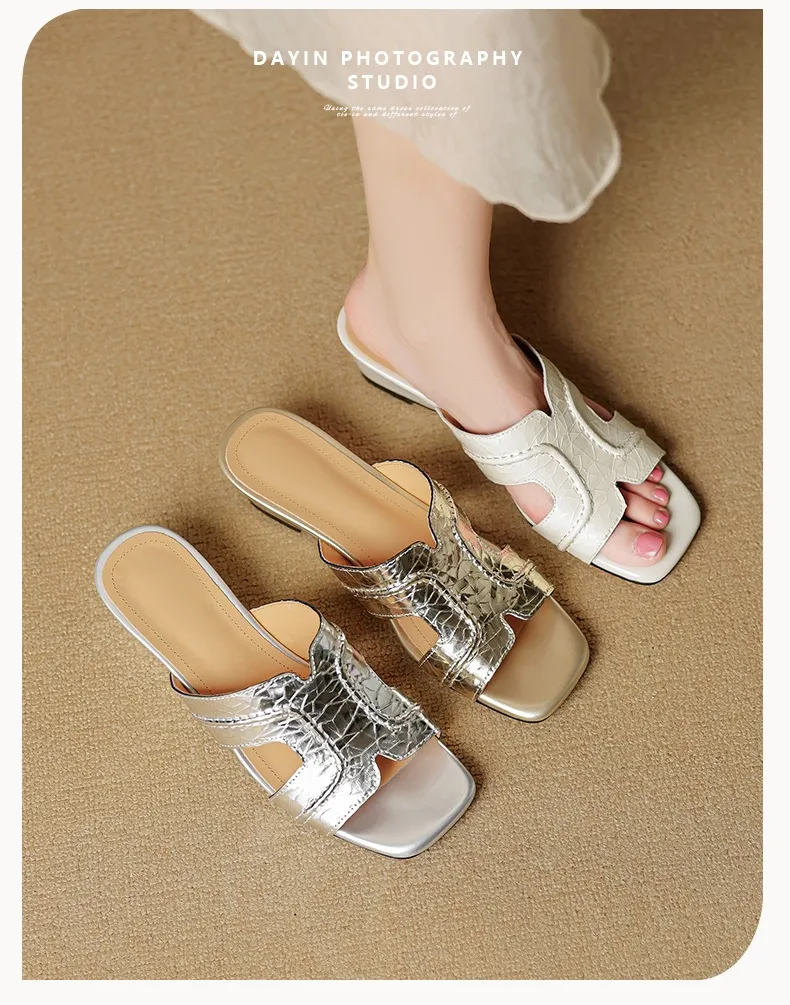 Spring/Summer Square-Toe Chunky Heel Wedge Sandals, Cowhide, Comfortable Women's Shoes for Outdoor Wear