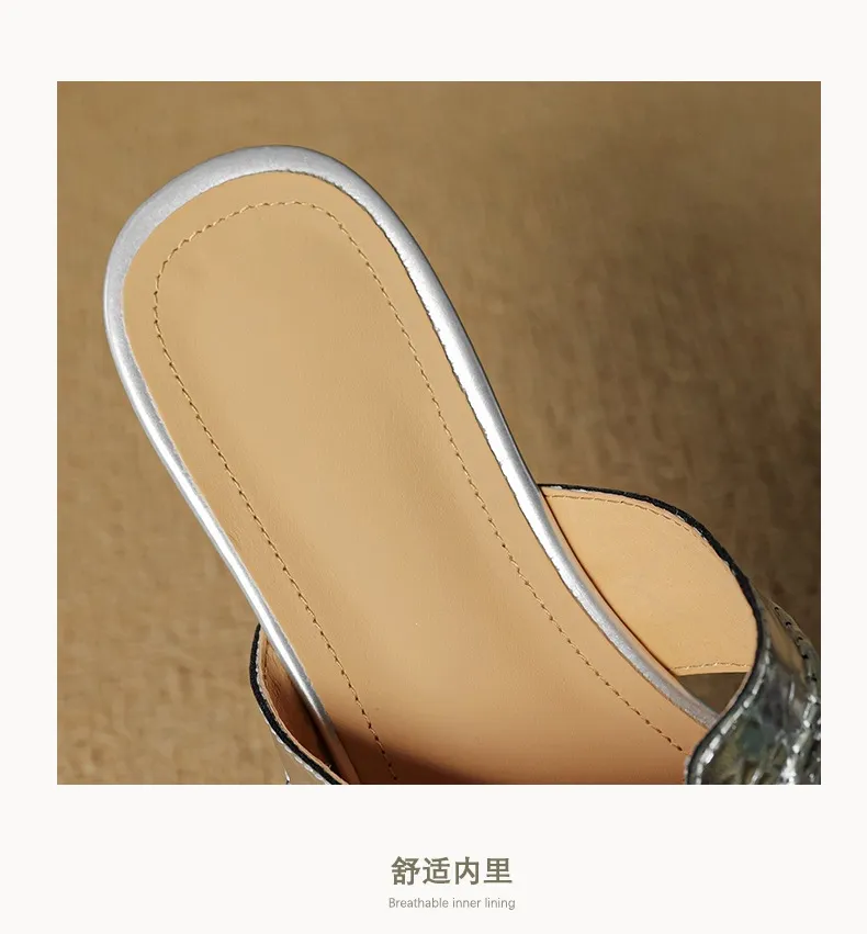 Spring/Summer Square-Toe Chunky Heel Wedge Sandals, Cowhide, Comfortable Women's Shoes for Outdoor Wear