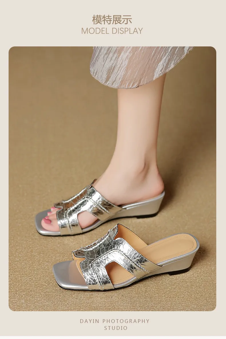 Spring/Summer Square-Toe Chunky Heel Wedge Sandals, Cowhide, Comfortable Women's Shoes for Outdoor Wear
