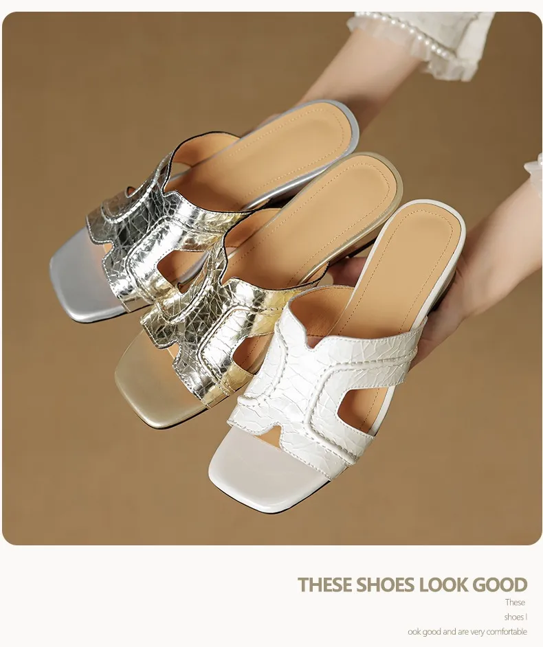 Spring/Summer Square-Toe Chunky Heel Wedge Sandals, Cowhide, Comfortable Women's Shoes for Outdoor Wear