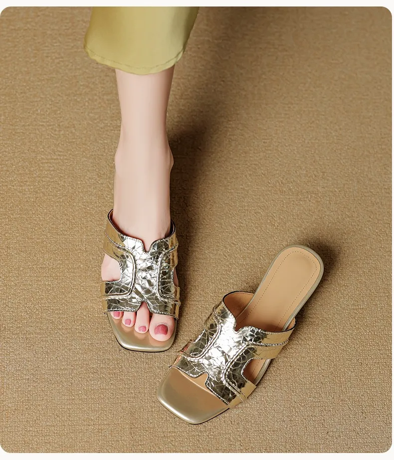 Spring/Summer Square-Toe Chunky Heel Wedge Sandals, Cowhide, Comfortable Women's Shoes for Outdoor Wear