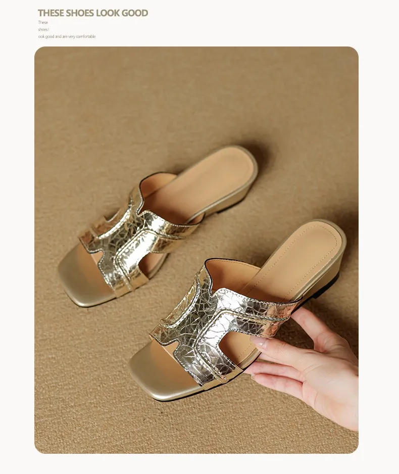 Spring/Summer Square-Toe Chunky Heel Wedge Sandals, Cowhide, Comfortable Women's Shoes for Outdoor Wear