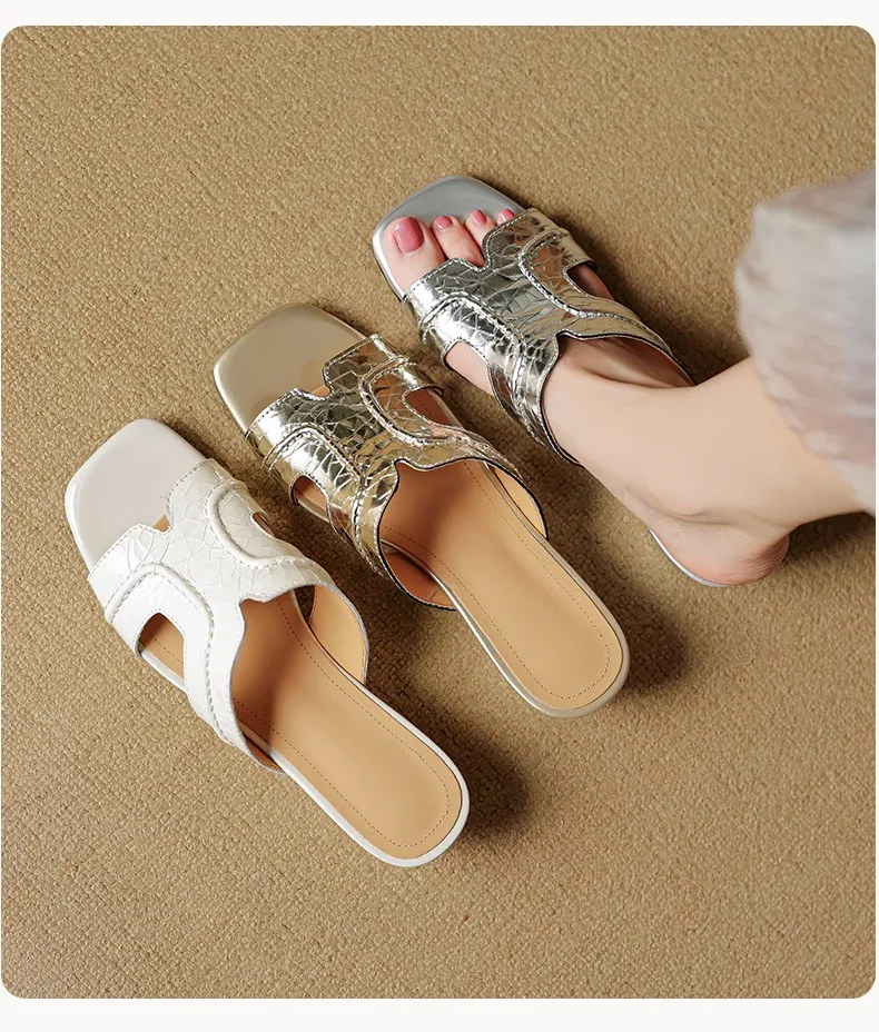 Spring/Summer Square-Toe Chunky Heel Wedge Sandals, Cowhide, Comfortable Women's Shoes for Outdoor Wear