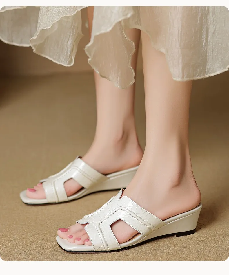 Spring/Summer Square-Toe Chunky Heel Wedge Sandals, Cowhide, Comfortable Women's Shoes for Outdoor Wear