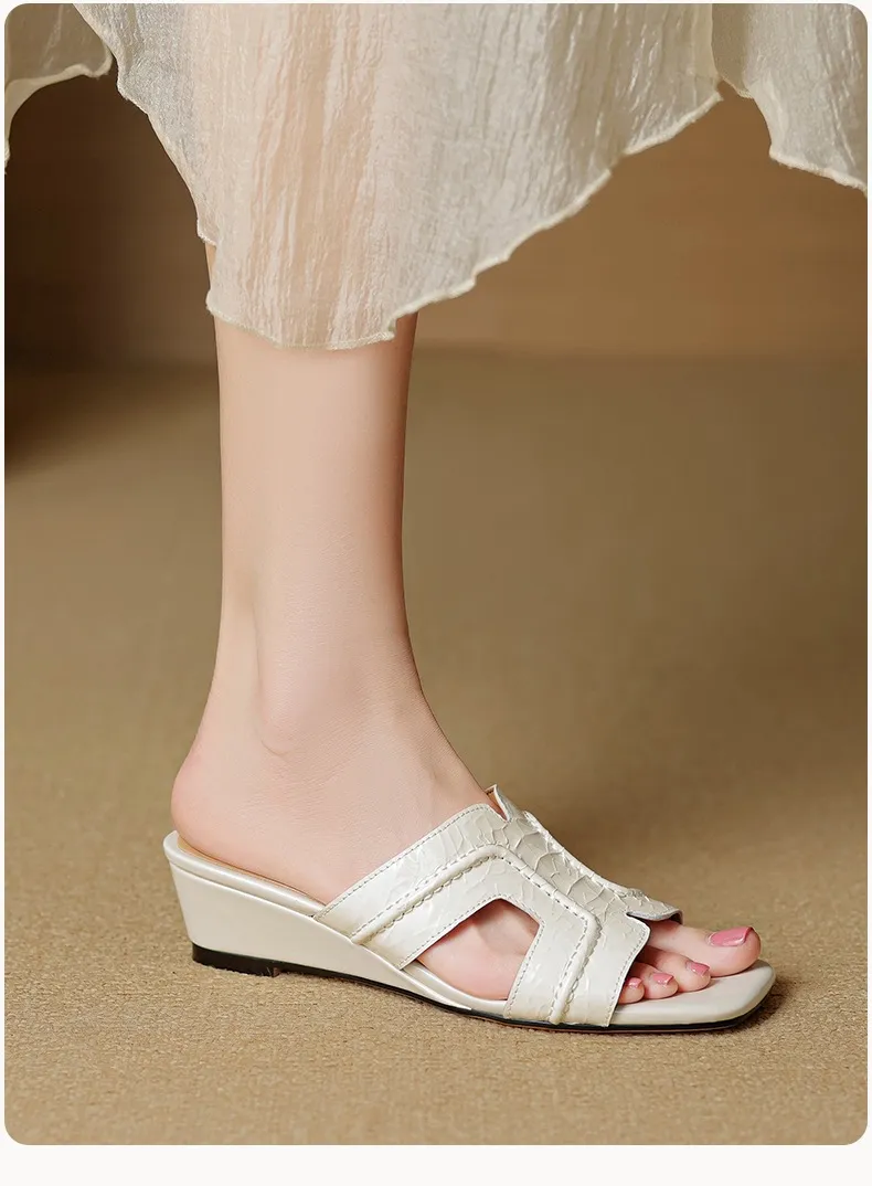 Spring/Summer Square-Toe Chunky Heel Wedge Sandals, Cowhide, Comfortable Women's Shoes for Outdoor Wear