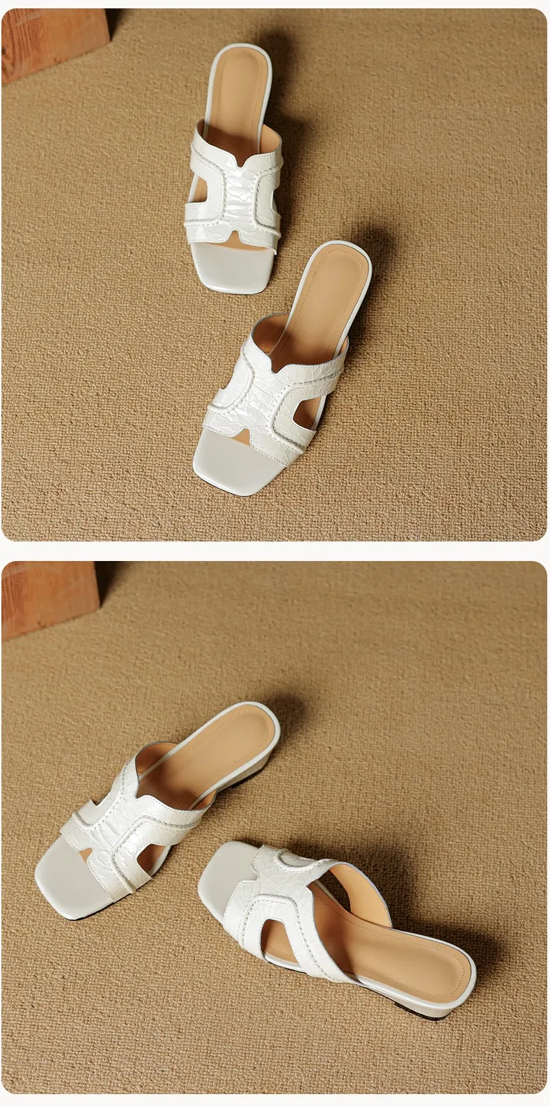 Spring/Summer Square-Toe Chunky Heel Wedge Sandals, Cowhide, Comfortable Women's Shoes for Outdoor Wear
