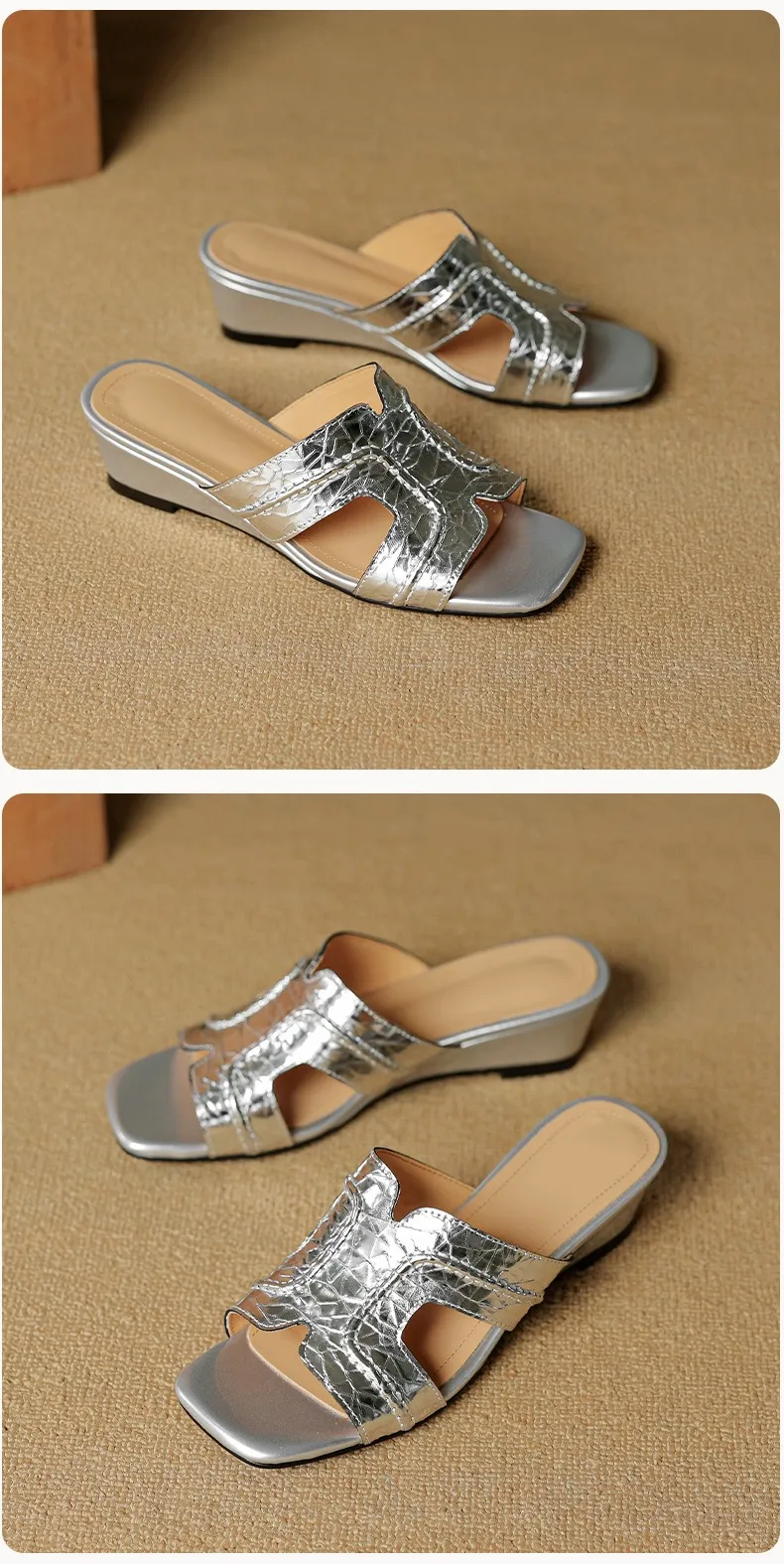 Spring/Summer Square-Toe Chunky Heel Wedge Sandals, Cowhide, Comfortable Women's Shoes for Outdoor Wear
