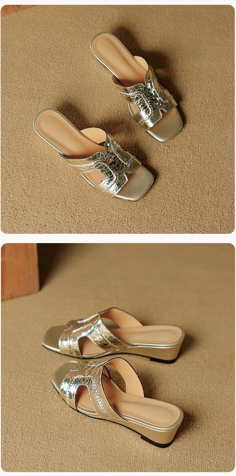 Spring/Summer Square-Toe Chunky Heel Wedge Sandals, Cowhide, Comfortable Women's Shoes for Outdoor Wear