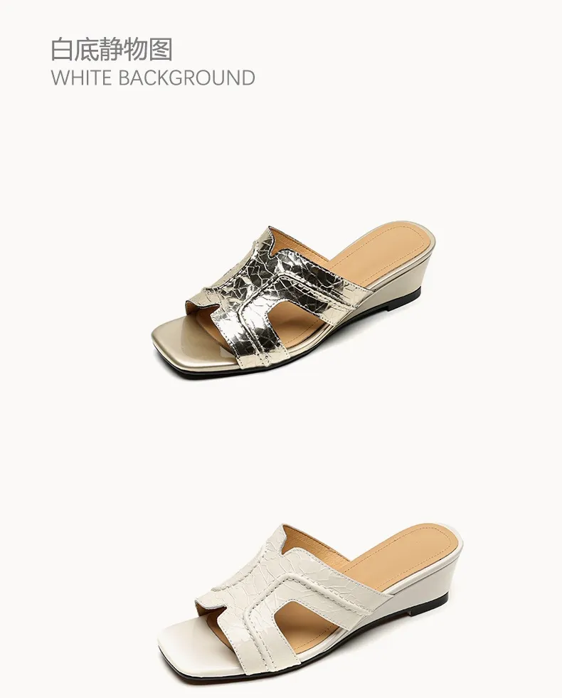 Spring/Summer Square-Toe Chunky Heel Wedge Sandals, Cowhide, Comfortable Women's Shoes for Outdoor Wear
