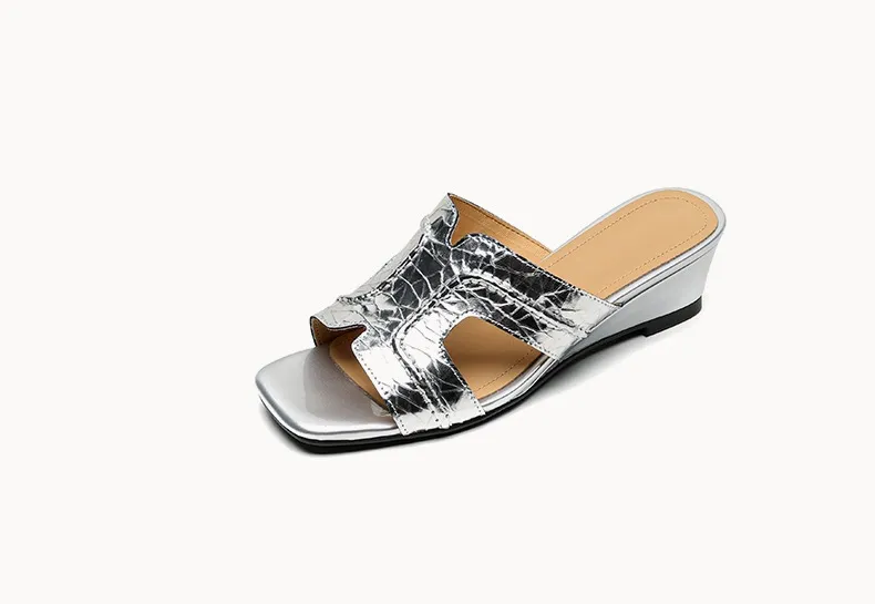 Spring/Summer Square-Toe Chunky Heel Wedge Sandals, Cowhide, Comfortable Women's Shoes for Outdoor Wear
