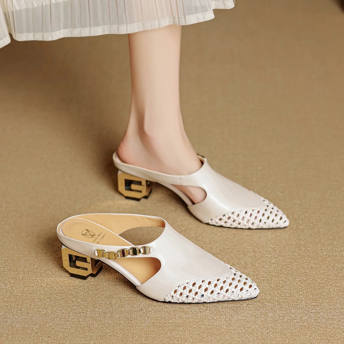 Spring/Summer Slippers Chunky Heel High Heel Pointed Toe Leather Closed Toe Fashion Women's Shoes