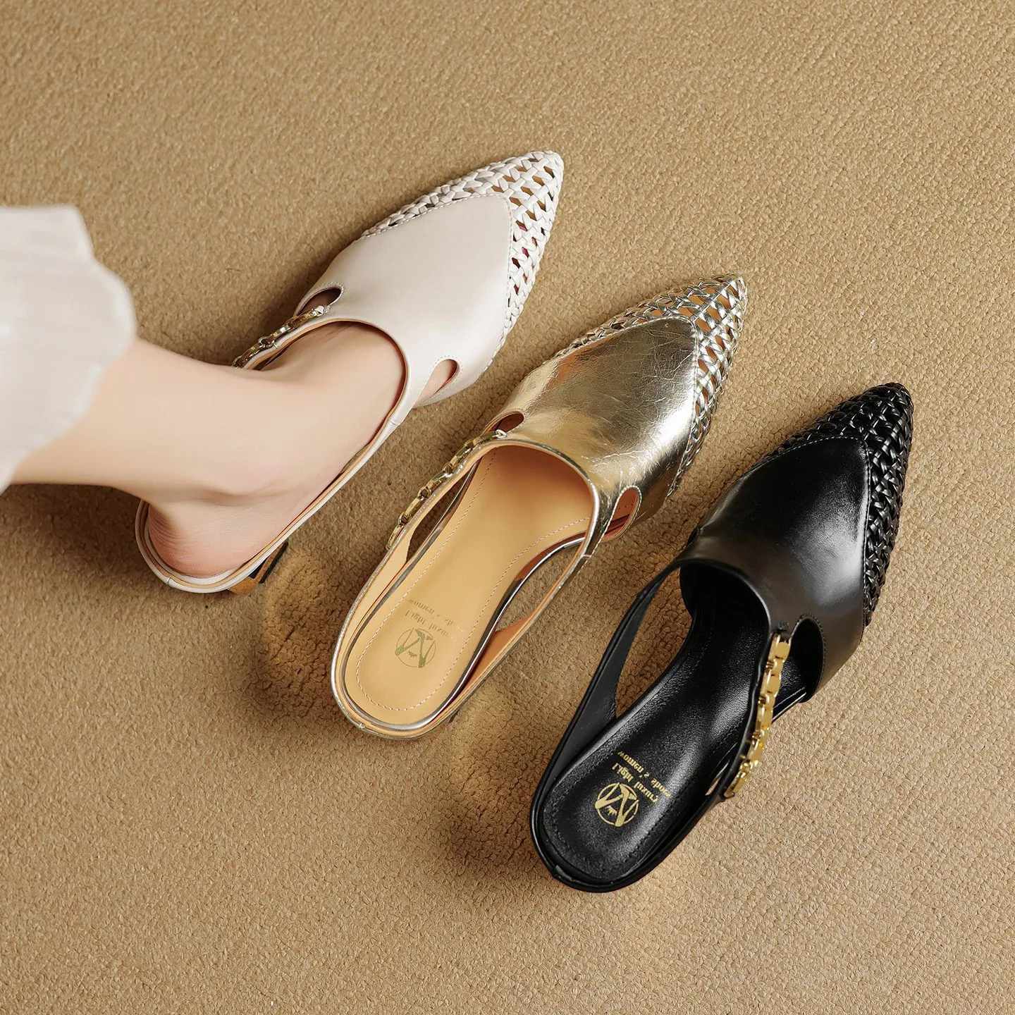 Spring/Summer Slippers Chunky Heel High Heel Pointed Toe Leather Closed Toe Fashion Women's Shoes