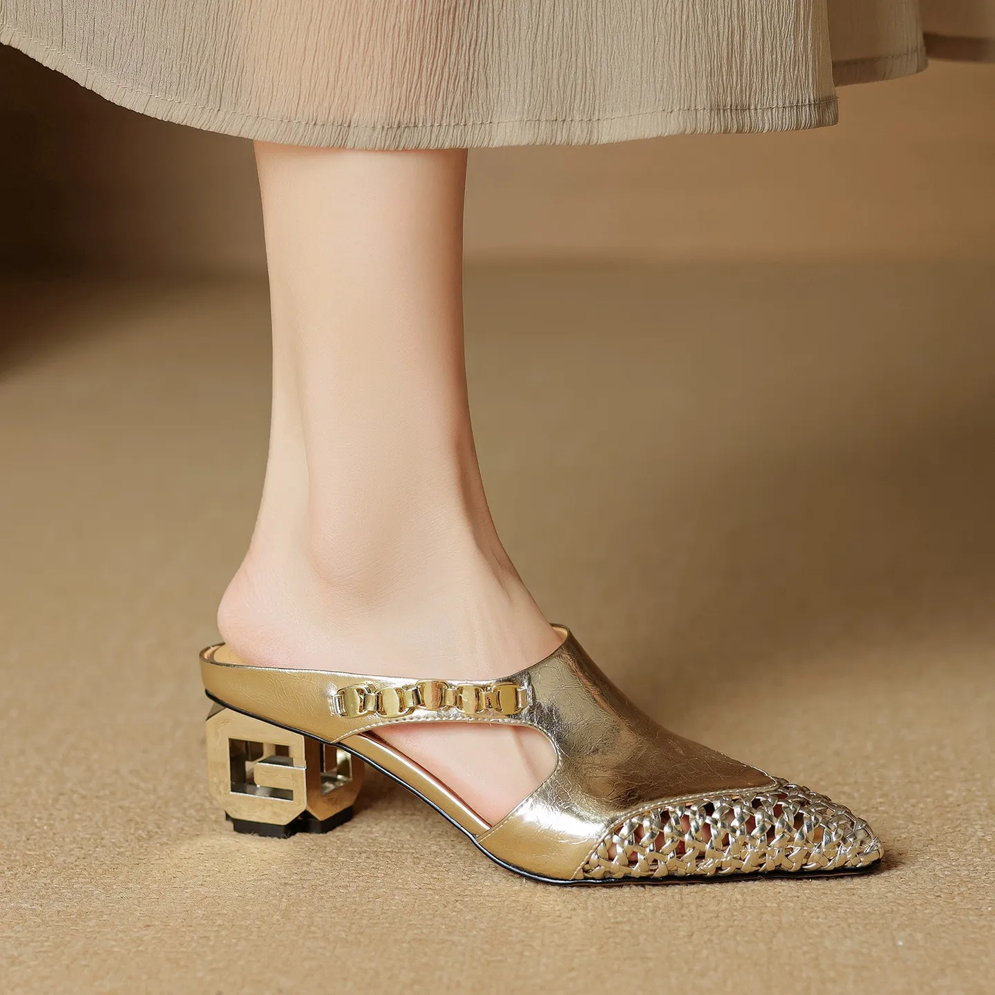 Spring/Summer Slippers Chunky Heel High Heel Pointed Toe Leather Closed Toe Fashion Women's Shoes
