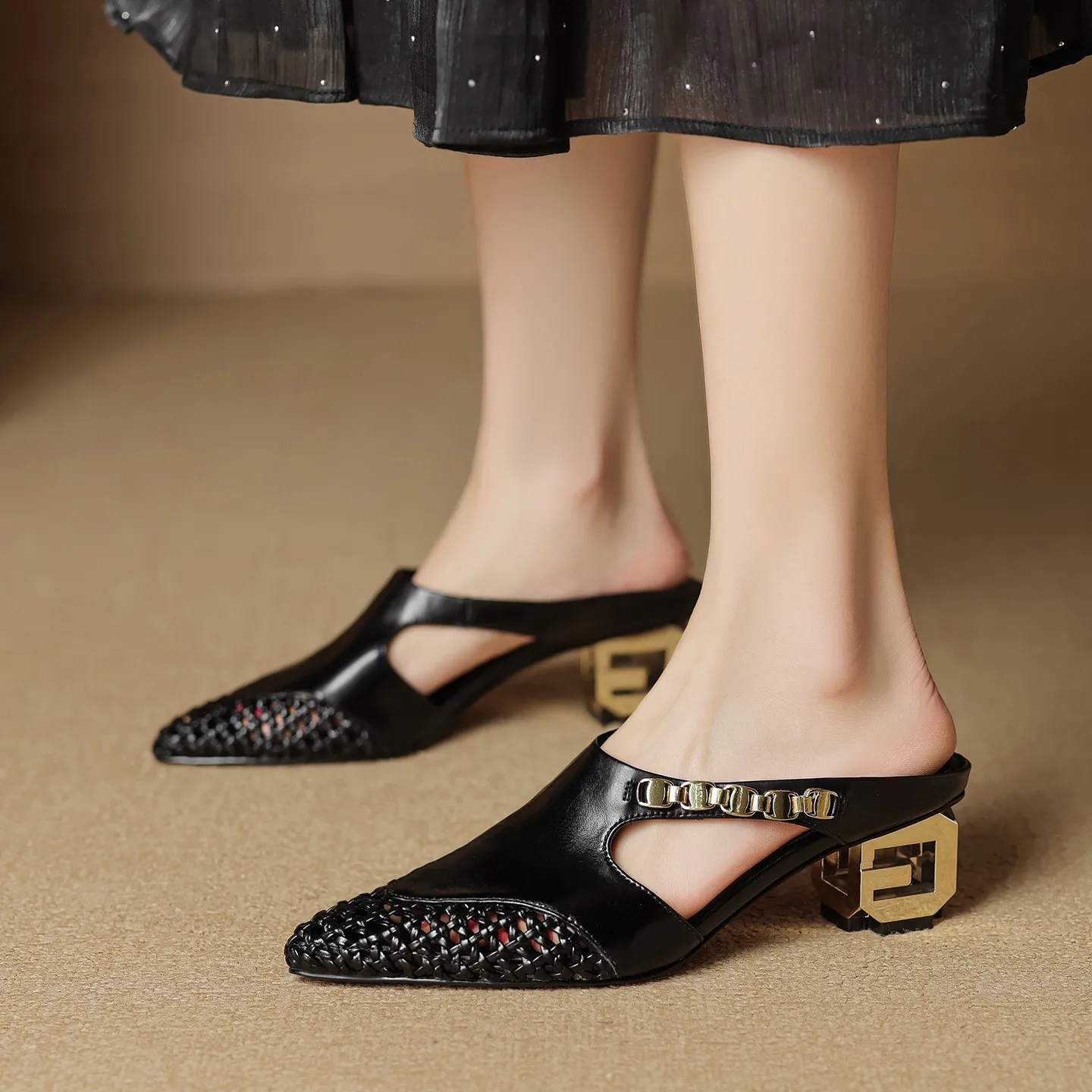 Spring/Summer Slippers Chunky Heel High Heel Pointed Toe Leather Closed Toe Fashion Women's Shoes