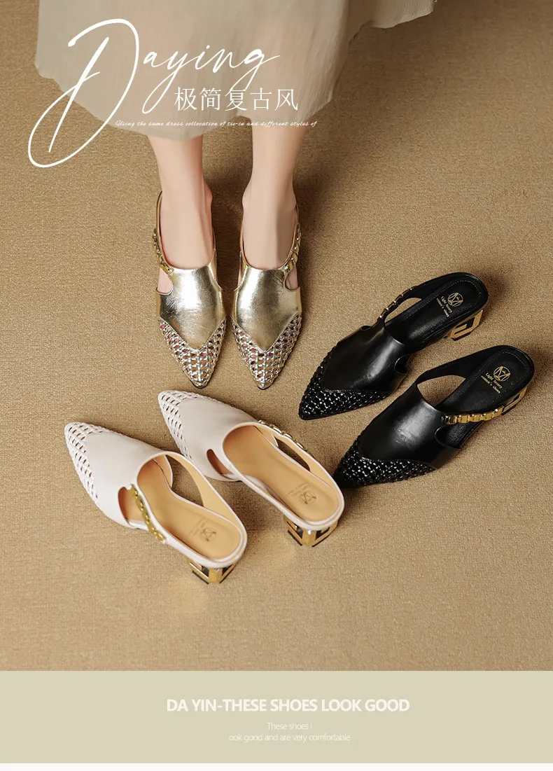 Spring/Summer Slippers Chunky Heel High Heel Pointed Toe Leather Closed Toe Fashion Women's Shoes
