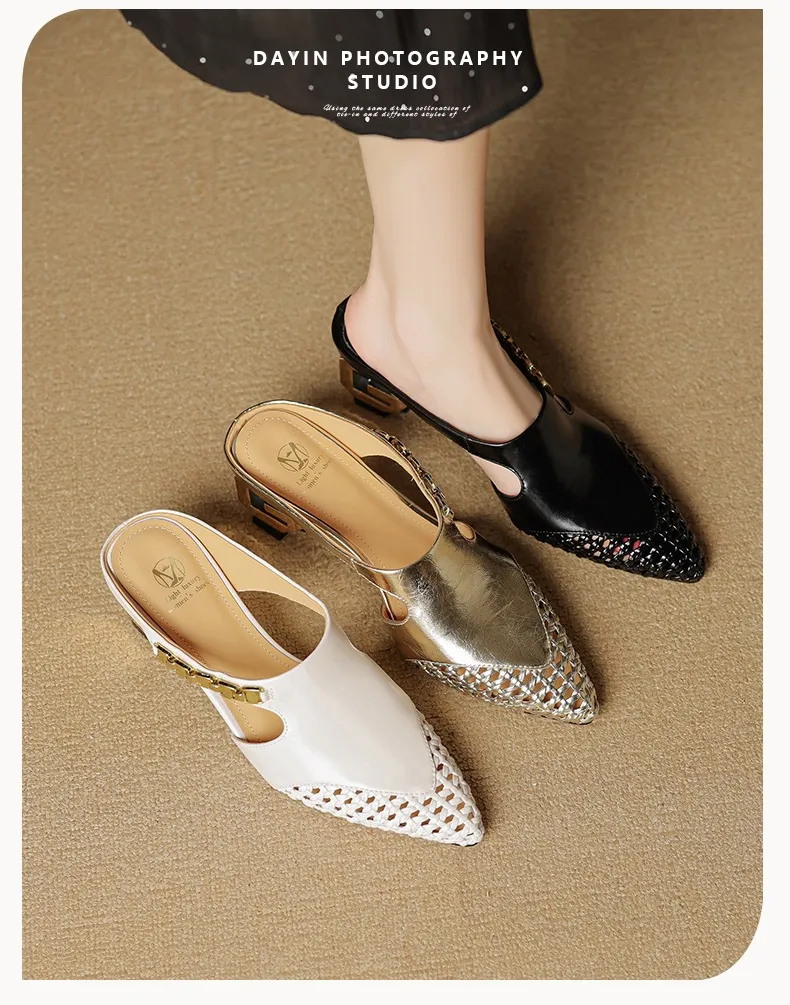 Spring/Summer Slippers Chunky Heel High Heel Pointed Toe Leather Closed Toe Fashion Women's Shoes