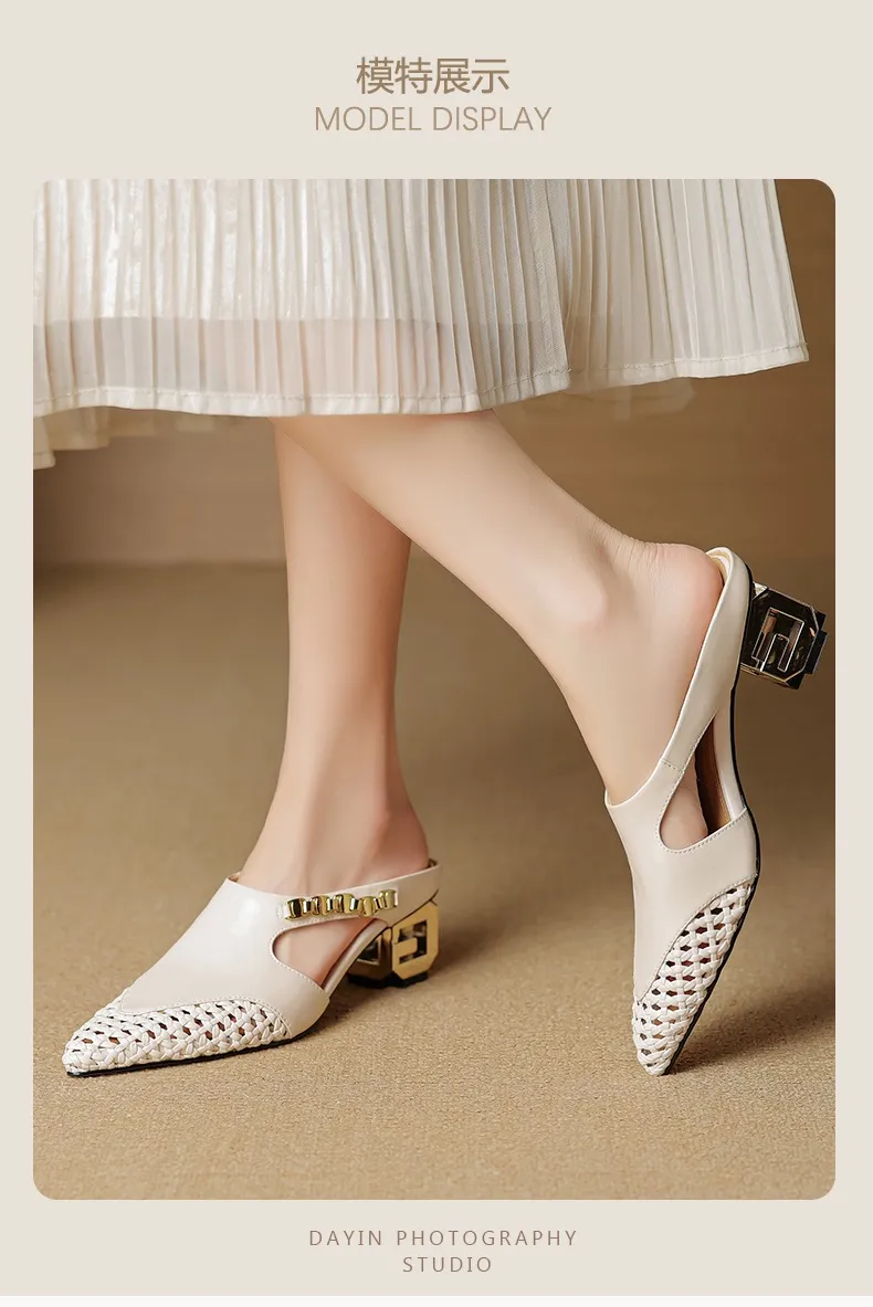 Spring/Summer Slippers Chunky Heel High Heel Pointed Toe Leather Closed Toe Fashion Women's Shoes