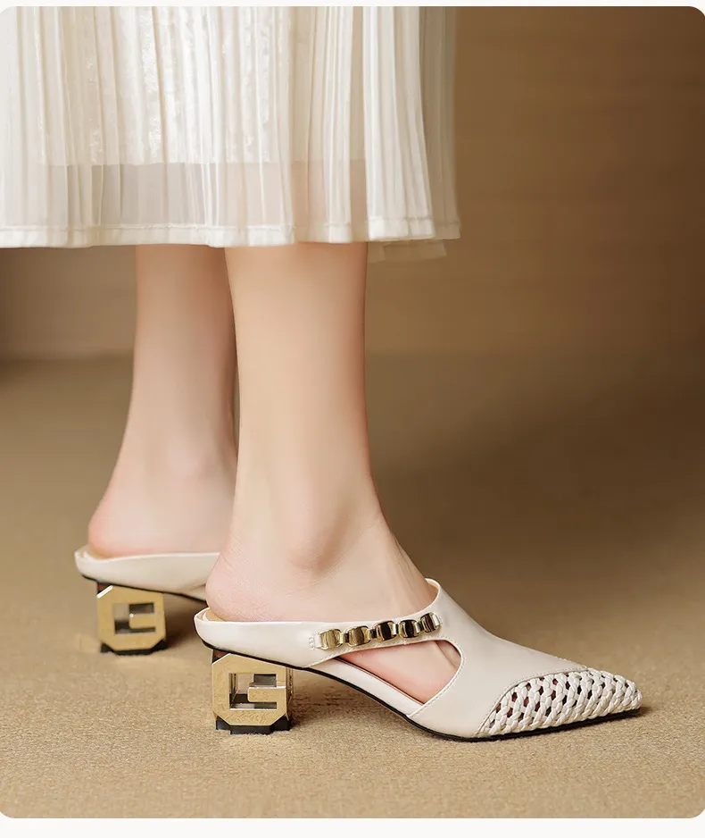 Spring/Summer Slippers Chunky Heel High Heel Pointed Toe Leather Closed Toe Fashion Women's Shoes