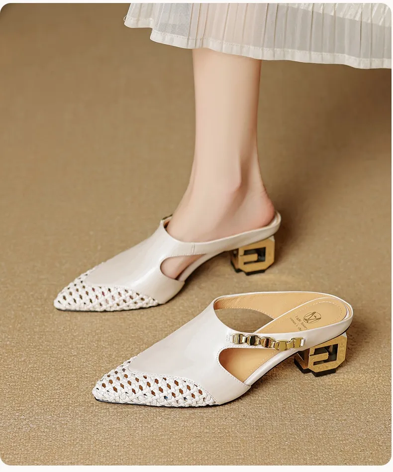 Spring/Summer Slippers Chunky Heel High Heel Pointed Toe Leather Closed Toe Fashion Women's Shoes