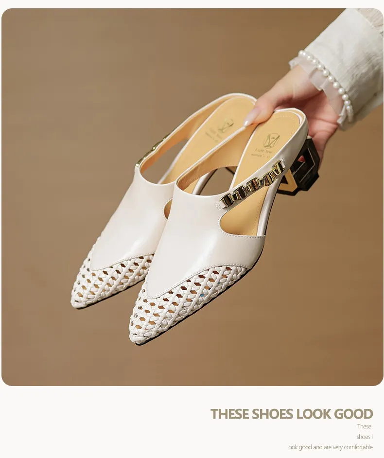 Spring/Summer Slippers Chunky Heel High Heel Pointed Toe Leather Closed Toe Fashion Women's Shoes