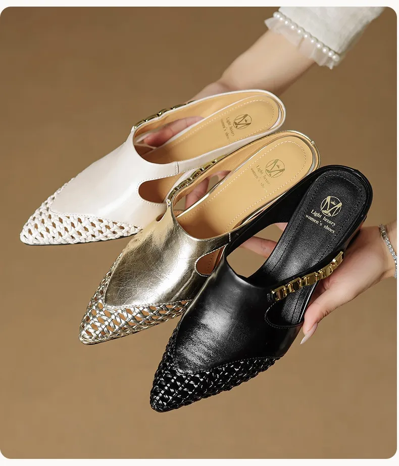Spring/Summer Slippers Chunky Heel High Heel Pointed Toe Leather Closed Toe Fashion Women's Shoes