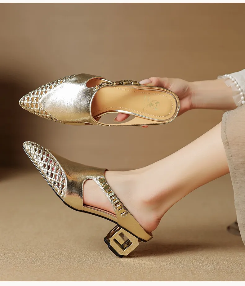 Spring/Summer Slippers Chunky Heel High Heel Pointed Toe Leather Closed Toe Fashion Women's Shoes