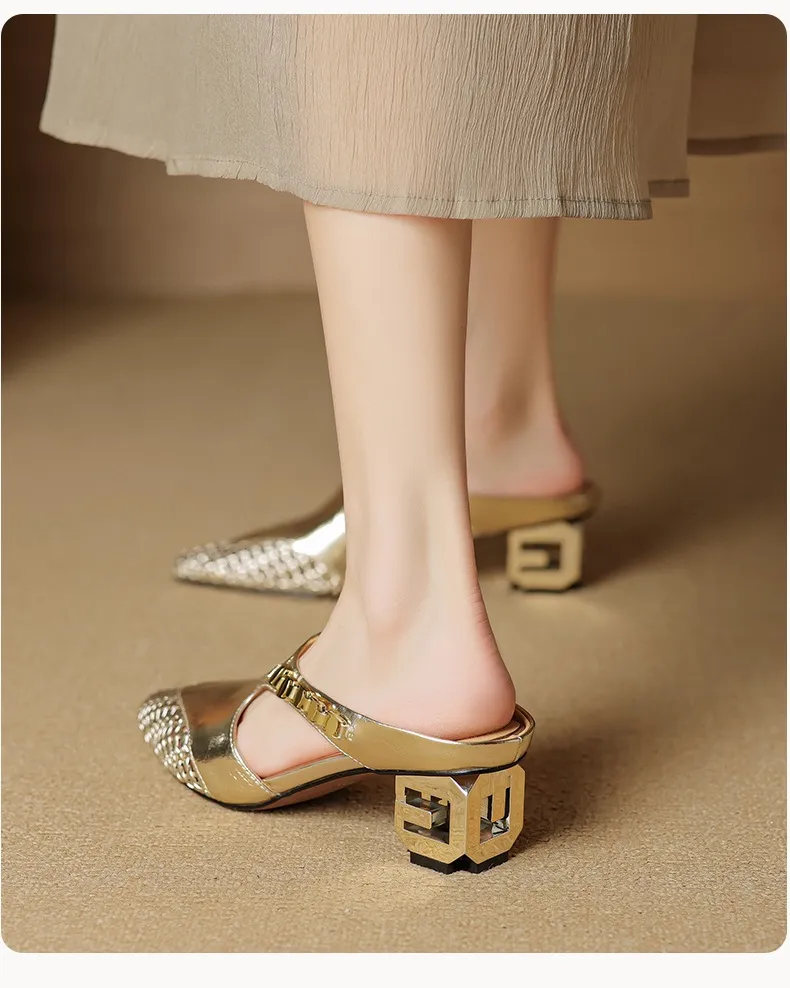 Spring/Summer Slippers Chunky Heel High Heel Pointed Toe Leather Closed Toe Fashion Women's Shoes