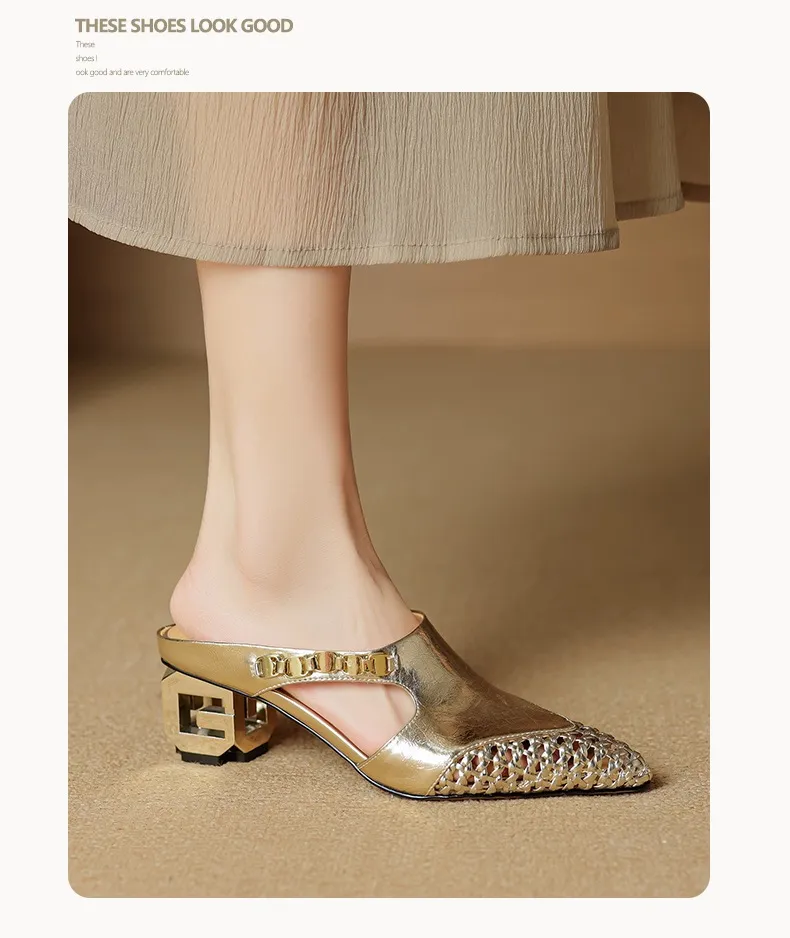 Spring/Summer Slippers Chunky Heel High Heel Pointed Toe Leather Closed Toe Fashion Women's Shoes