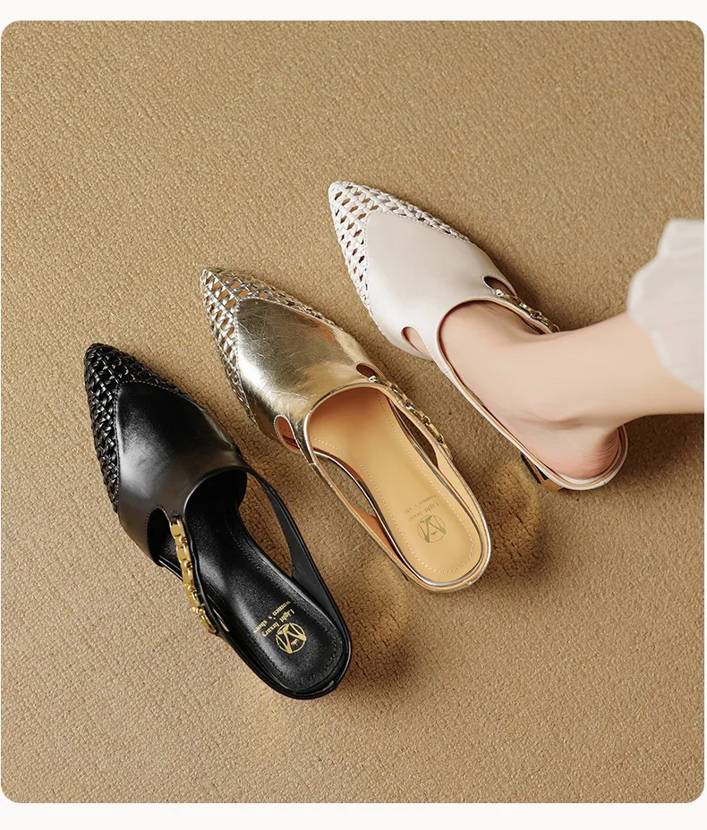Spring/Summer Slippers Chunky Heel High Heel Pointed Toe Leather Closed Toe Fashion Women's Shoes