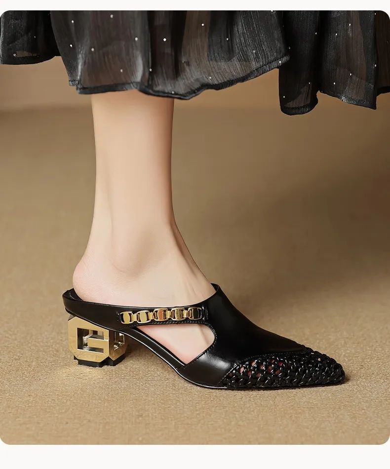 Spring/Summer Slippers Chunky Heel High Heel Pointed Toe Leather Closed Toe Fashion Women's Shoes