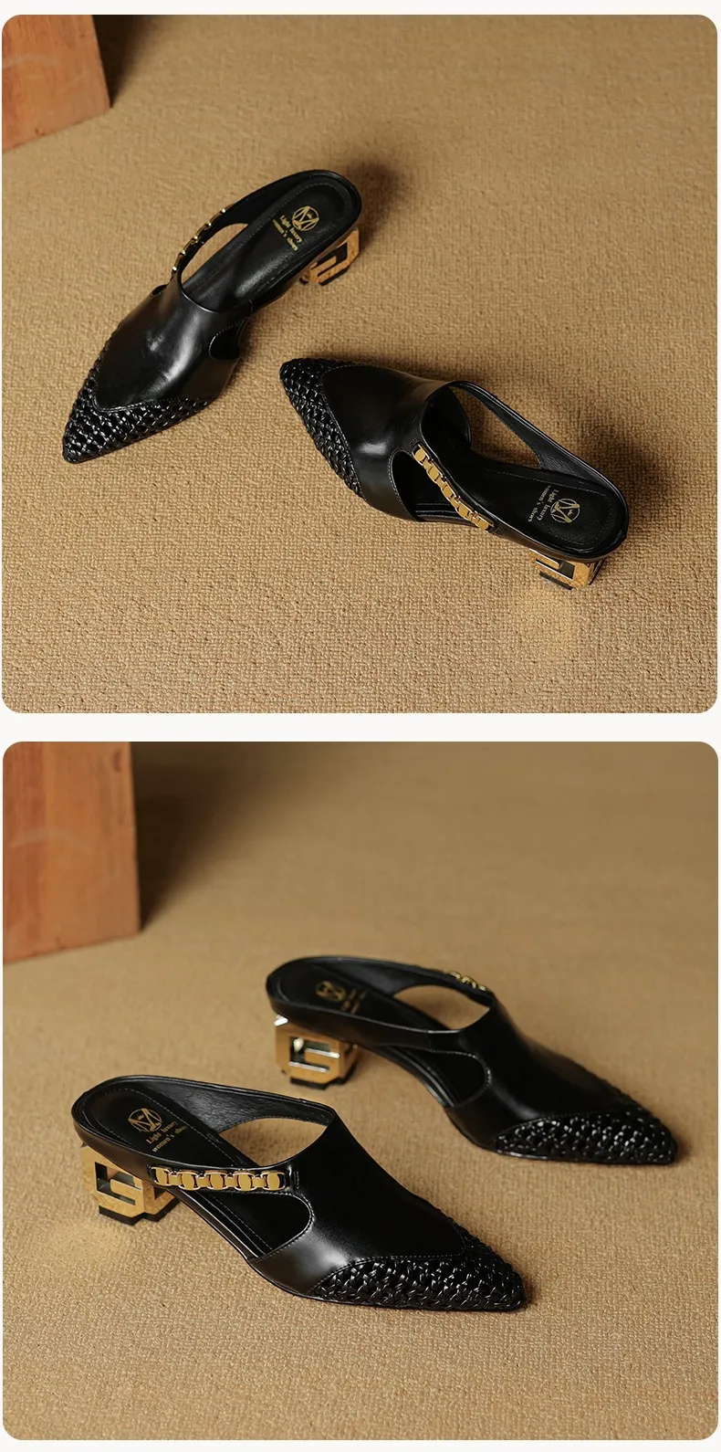 Spring/Summer Slippers Chunky Heel High Heel Pointed Toe Leather Closed Toe Fashion Women's Shoes