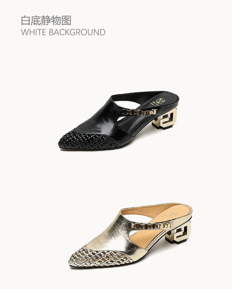 Spring/Summer Slippers Chunky Heel High Heel Pointed Toe Leather Closed Toe Fashion Women's Shoes