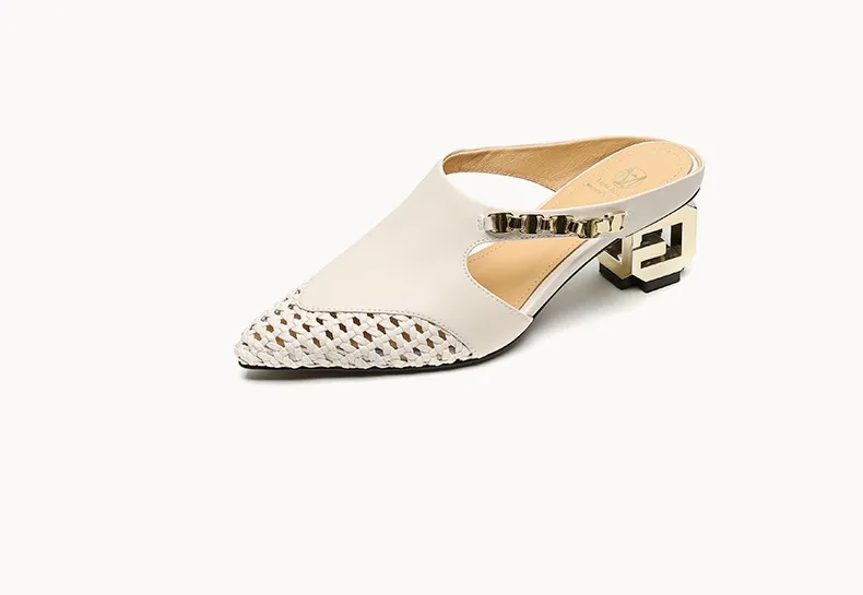 Spring/Summer Slippers Chunky Heel High Heel Pointed Toe Leather Closed Toe Fashion Women's Shoes
