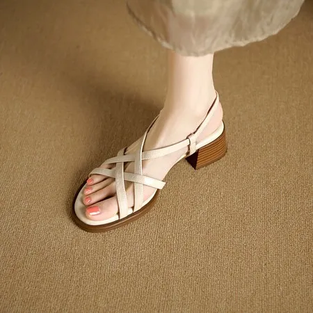 Chunky heel high-heeled sandals, round toe, Roman strappy sandals, soft-soled women's shoes