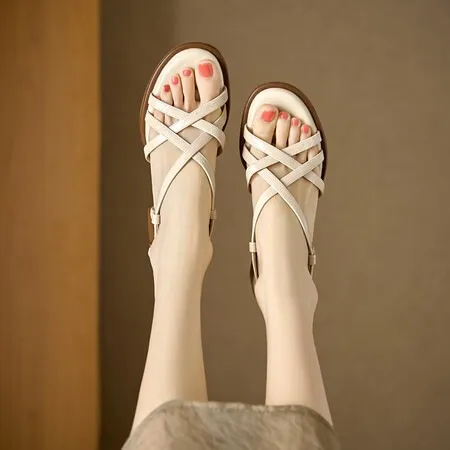 Chunky heel high-heeled sandals, round toe, Roman strappy sandals, soft-soled women's shoes