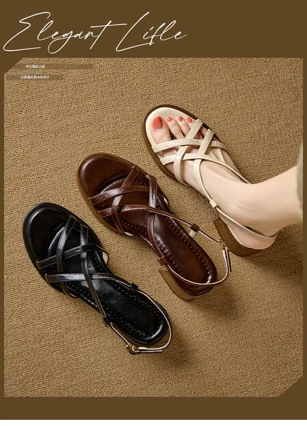 Chunky heel high-heeled sandals, round toe, Roman strappy sandals, soft-soled women's shoes