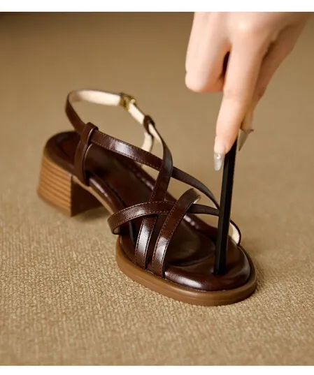 Chunky heel high-heeled sandals, round toe, Roman strappy sandals, soft-soled women's shoes