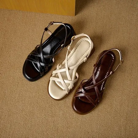 Chunky heel high-heeled sandals, round toe, Roman strappy sandals, soft-soled women's shoes