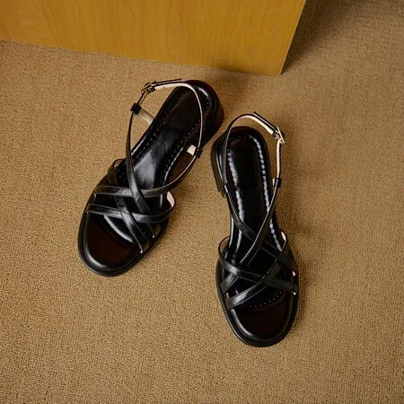 Chunky heel high-heeled sandals, round toe, Roman strappy sandals, soft-soled women's shoes