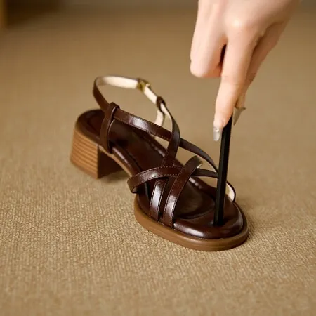 Chunky heel high-heeled sandals, round toe, Roman strappy sandals, soft-soled women's shoes