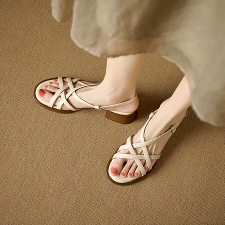 Chunky heel high-heeled sandals, round toe, Roman strappy sandals, soft-soled women's shoes