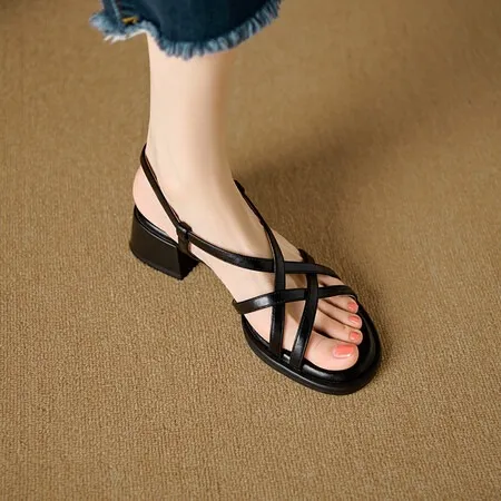 Chunky heel high-heeled sandals, round toe, Roman strappy sandals, soft-soled women's shoes