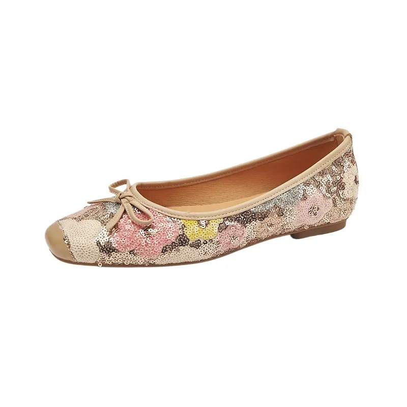 Spring and Autumn Square Toe Flat Slip-on Women's Shoes with Bow