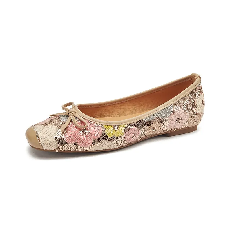 Spring and Autumn Square Toe Flat Slip-on Women's Shoes with Bow